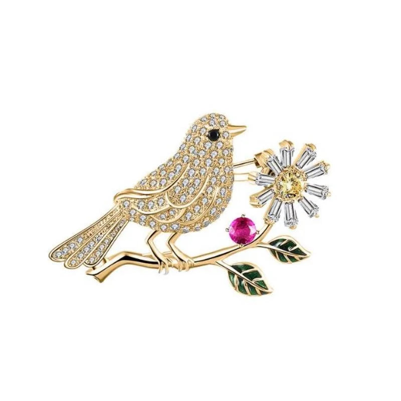 Cute Bird Elegant Standing Branch Flower Brooch Creative Versatile Love Bird Evening Dress Corsage Brooch Accessories Gift