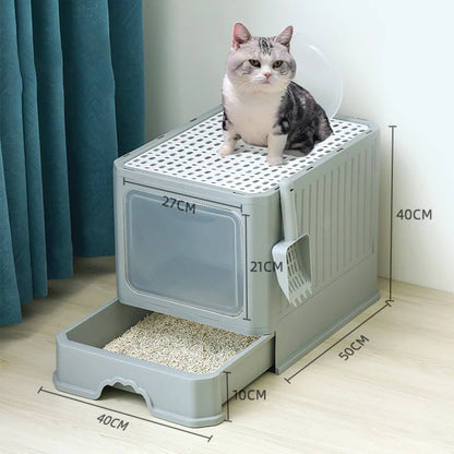 Cat Litter - Box With Scoop, Large Foldable Litter Box With Lid, Front Entry Top Exit Kitty Box, Odor Control