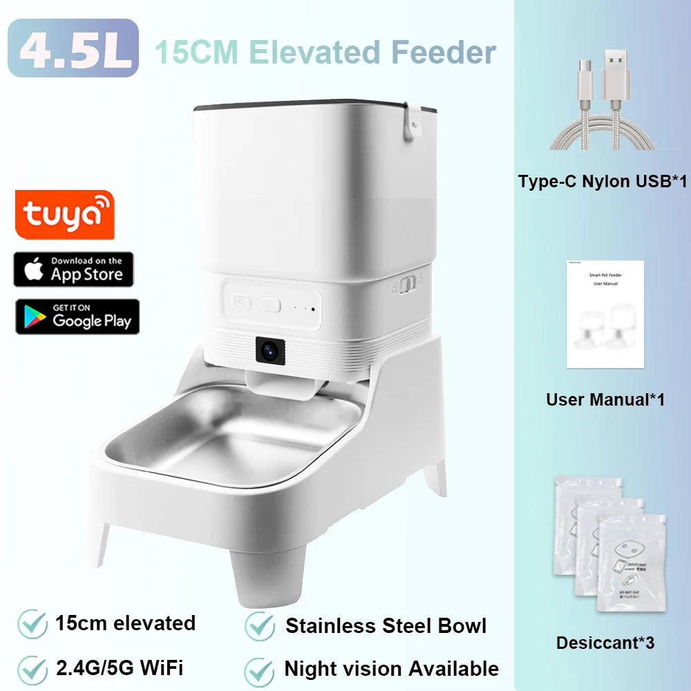 Smart Automatic Pet Feeder with 1080P HD Camera 15cm Elevated 5G WiFi Tuya APP Furpipi Control Automatic Cat Dog Food Dispenser