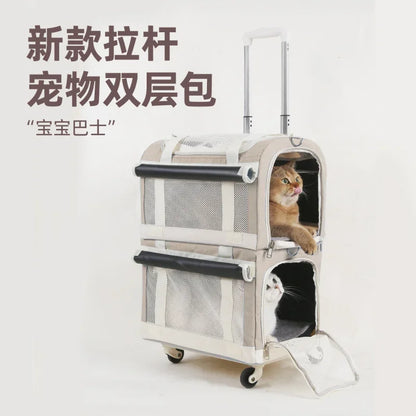 Portable Double-decker Pet Trolley Carrier for Cats & Dogs Ventilated Large Space Outdoor Foldable Breathable Pet Cart