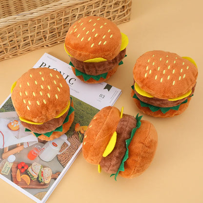 Hamburger Dog Chew Toy - Squeaky Plush Toy for Teeth Cleaning, Durable Bite-Resistant Pet Toy for Training,