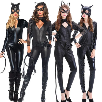 Black PU Cat Costume for Halloween Adult Women Carnival Party Catsuit DJ Bodysuit