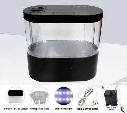 Mini Desktop Aquarium With Miniature Fish Tank with Biochemical Filtration System & LED Small Aquatic Eco Box Home Decor