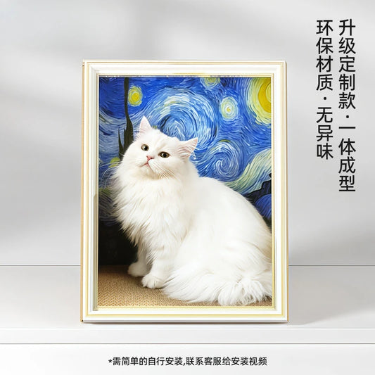 Vintage Oil Painting Cat House with Scratching Board, Multi-Functional Cat Bed & Toy for All Seasons, Retro Indoor Cat Furniture