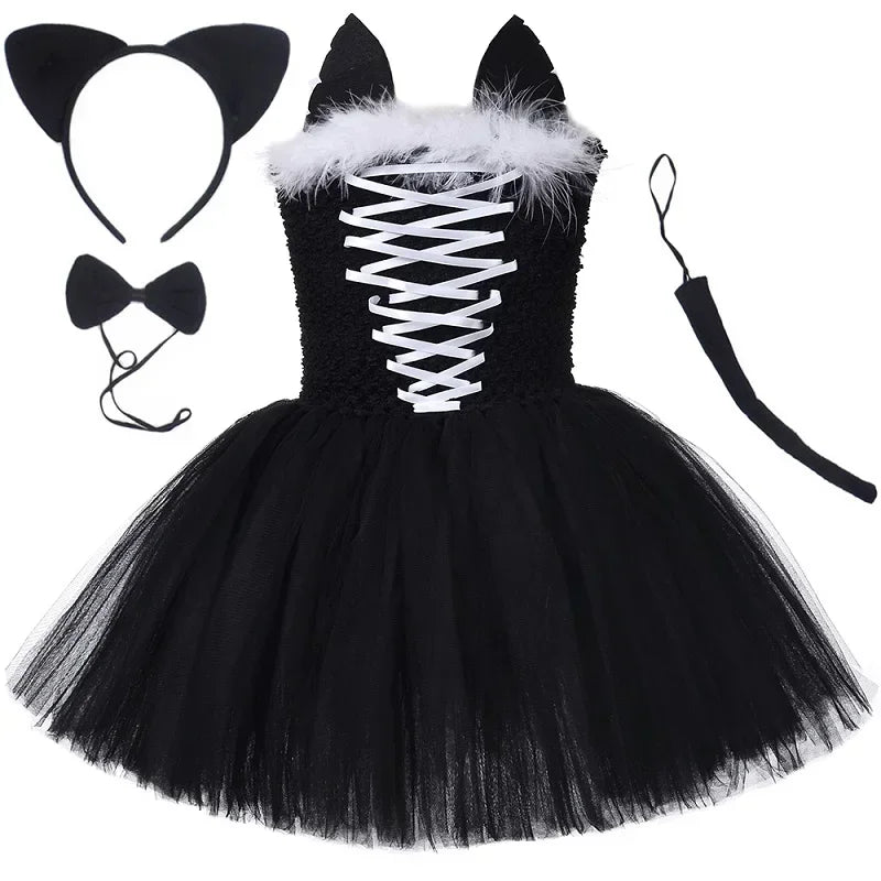 Black Cat Costume for Girls Halloween Carnival Party Tutu Dress Up Animal Kitten Costumes for Kids Toddler Fancy Tulle Dresses