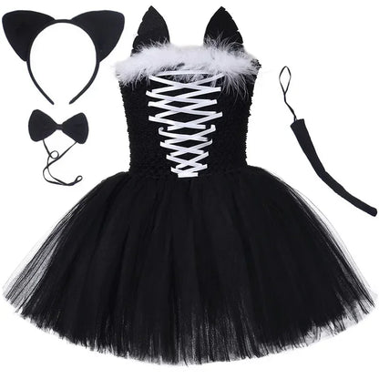 Black Cat Costume for Girls Halloween Carnival Party Tutu Dress Up Animal Kitten Costumes for Kids Toddler Fancy Tulle Dresses