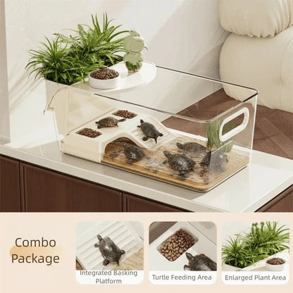 Transparent Turtle Tank Basking Area Plastic Crab Tank Dry Wet Separation with Climbing Spot Turtle Breeding Box Feeding Habitat