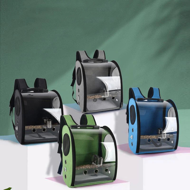 Portable Bird Carrier Bag Birdcage Parrot Transparent Backpack with Feeding Cups Wood Platform for Parakeet Cockatiel Lovebirds