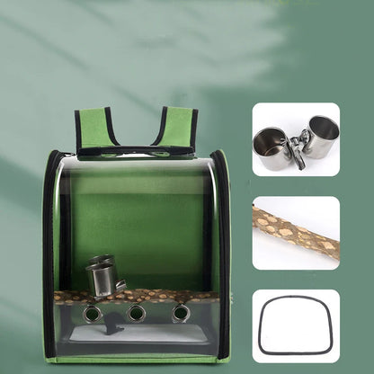 Portable Bird Carrier Bag Birdcage Parrot Transparent Backpack with Feeding Cups Wood Platform for Parakeet Cockatiel Lovebirds