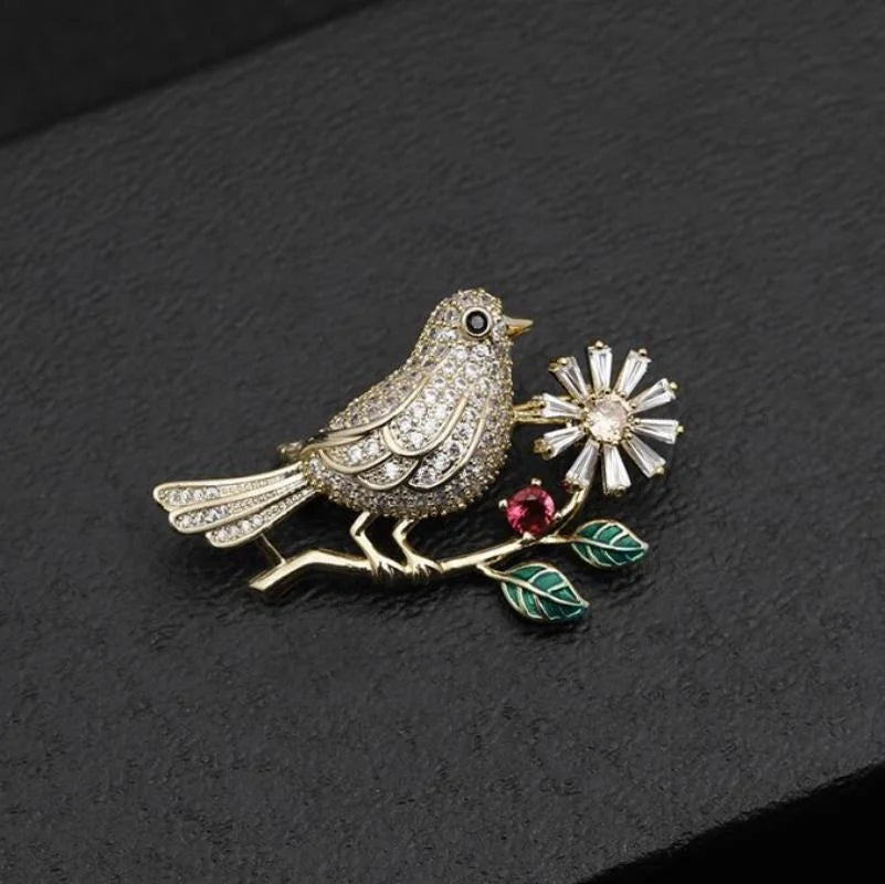 Cute Bird Elegant Standing Branch Flower Brooch Creative Versatile Love Bird Evening Dress Corsage Brooch Accessories Gift