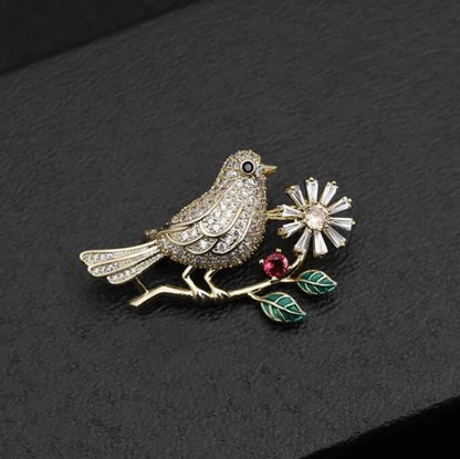 Cute Bird Elegant Standing Branch Flower Brooch Creative Versatile Love Bird Evening Dress Corsage Brooch Accessories Gift