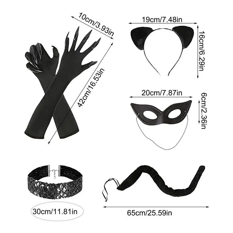 Halloween Catwomen Costume Set Cats Ear Headband Cats Claw Gloves Cats Tail Choker Necklace Black Cats Costume Accessory