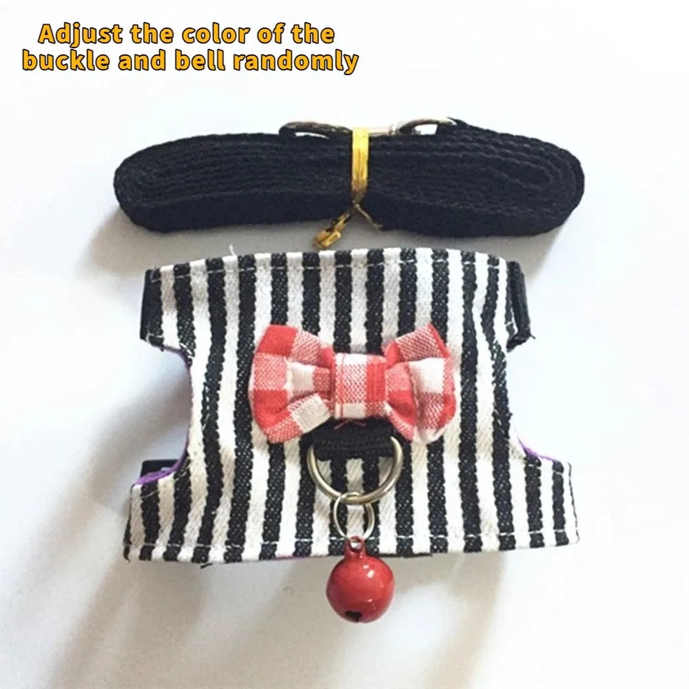 Adjustable Hamster Harness Comfortable Escape-Proof Hamster Chest Strap with Bow Bells Hamster Striped Vest Training
