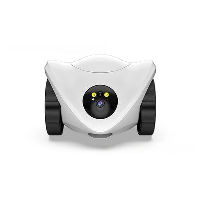 Intelligent pet feeder can be remotely controlled equipped with a camera capable of moving communicating and featuring a laser