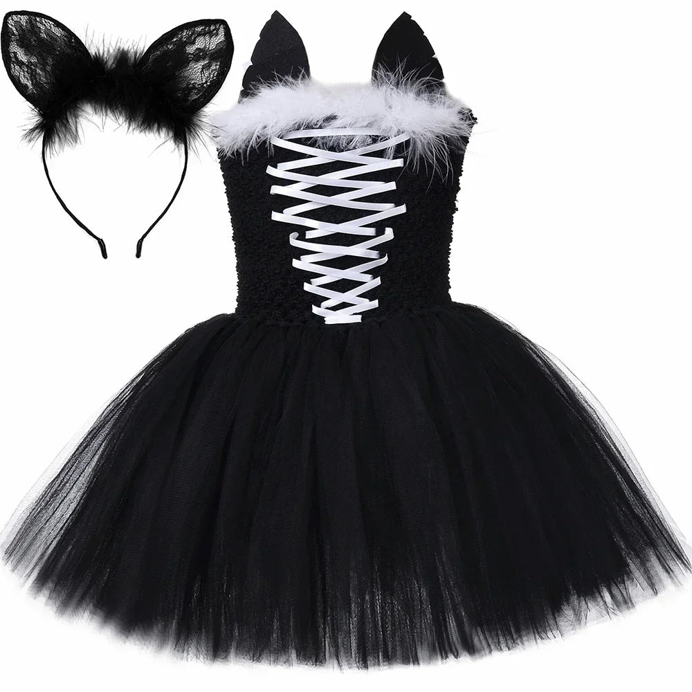 Black Cat Costume for Girls Halloween Carnival Party Tutu Dress Up Animal Kitten Costumes for Kids Toddler Fancy Tulle Dresses