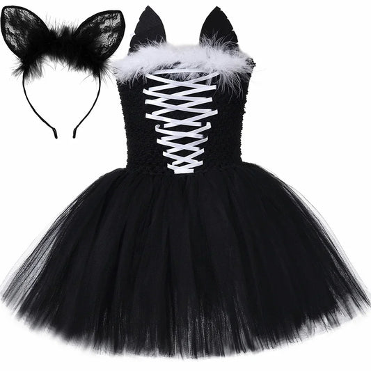 Black Cat Costume for Girls Halloween Carnival Party Tutu Dress Up Animal Kitten Costumes for Kids Toddler Fancy Tulle Dresses