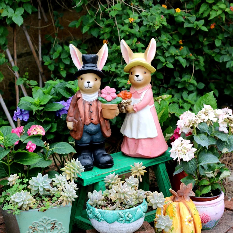 Rabbit Garden Statue Outdoor Cartoon Animal Decor Villa Courtyard Landscape Sculpture Realistic Lawn Ornament for Garden/Yard