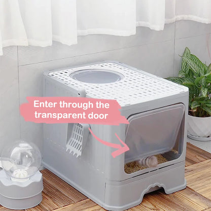Cat Litter - Box With Scoop, Large Foldable Litter Box With Lid, Front Entry Top Exit Kitty Box, Odor Control
