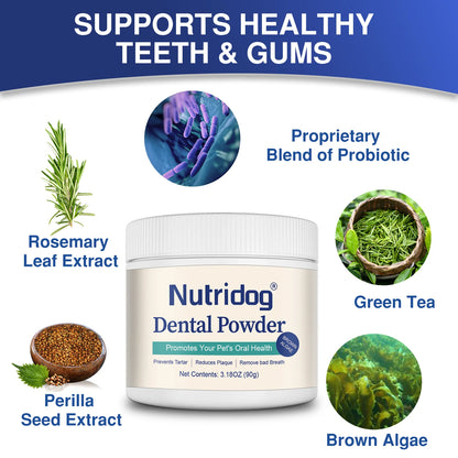 NUTRIDOG Dental Care Powder with Green Tea Plaque Remover for Dogs&Cats Prevent Periodontal Disease Bad Breath