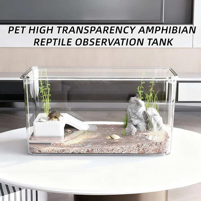 Transparent Reptile Terrarium Tank with Basking Area for Pet Turtles Hermit Crabs Tortoise - Turtle Adoption Habitat