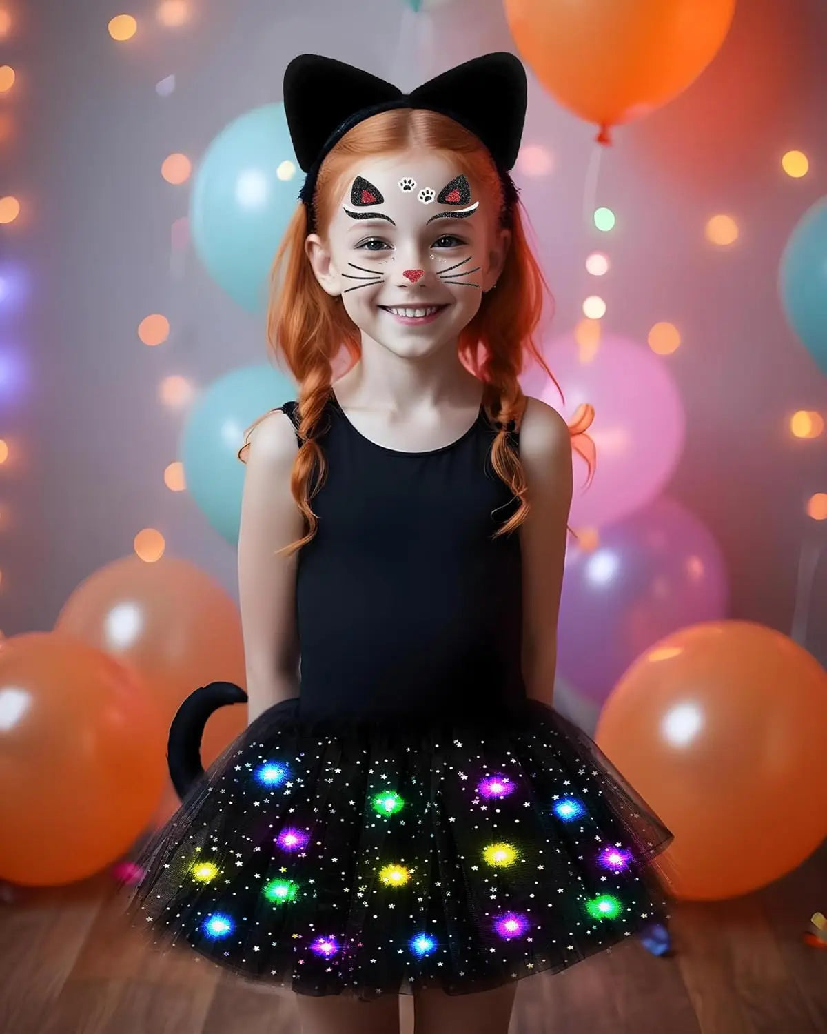 Black Cat Costume for Girls Women Led Tutu Skirt Animal Ears and Tail Halloween Cosplay Party Fancy Dressed