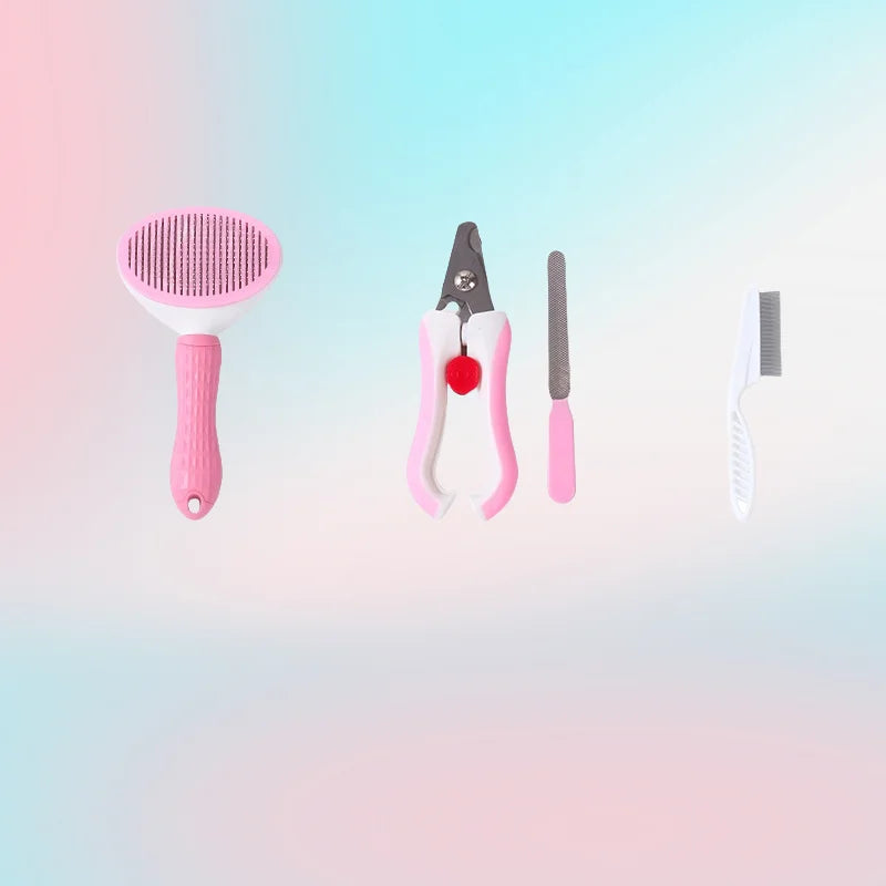 Cat Grooming Set, 3 Pcs of Pack, Kitten Nail Clippers, Gloves, Pink, Blue ,Grey for Pet Clean