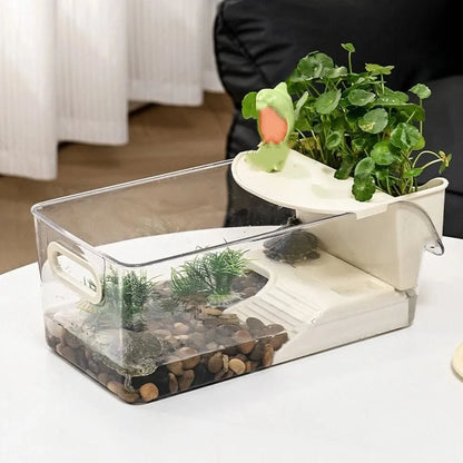 Transparent Turtle Tank Dry Wet Separation Plastic Crab Tank with Climbing Spot Basking Area Turtle Breeding Box Feeding Habitat