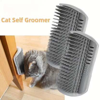 Cat Self Groomer – Corner Wall-Mounted Cat Scratcher & Massager with Rubber Bristles, Screws/Adhesive Included, Indoor Hair Care