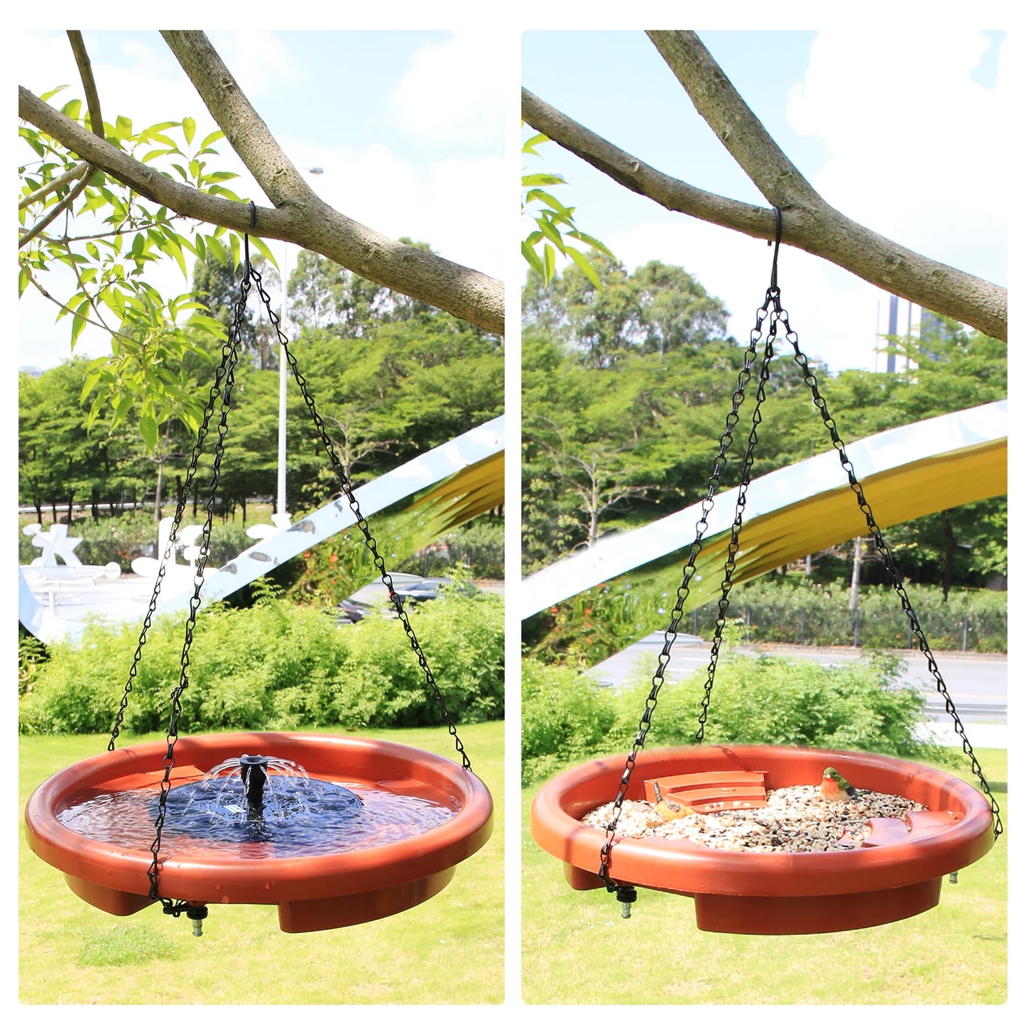 12 Inch Bird feeder Hanging Bird Bath with fountain Outdoor Bird Drinking Bird Tray with Hook and Chain for Garden Yard Patio