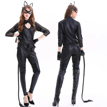 Black PU Cat Costume for Halloween Adult Women Carnival Party Catsuit DJ Bodysuit