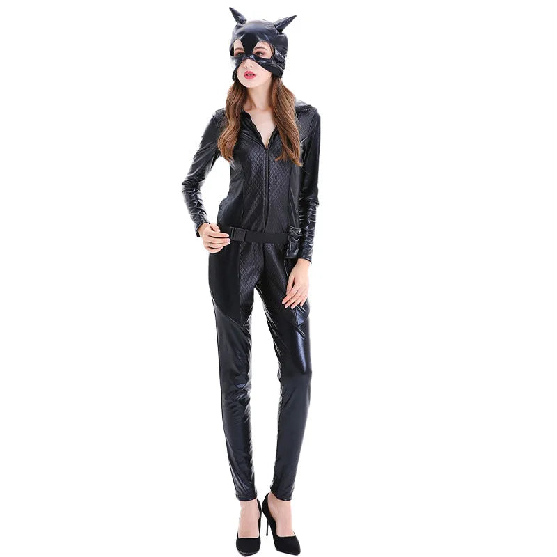 Black PU Cat Costume for Halloween Adult Women Carnival Party Catsuit DJ Bodysuit
