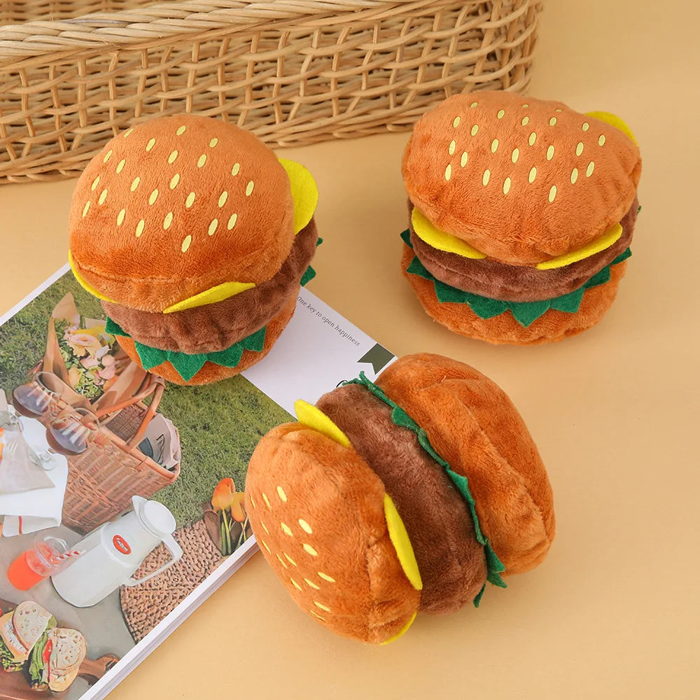 Hamburger Dog Chew Toy - Squeaky Plush Toy for Teeth Cleaning, Durable Bite-Resistant Pet Toy for Training,