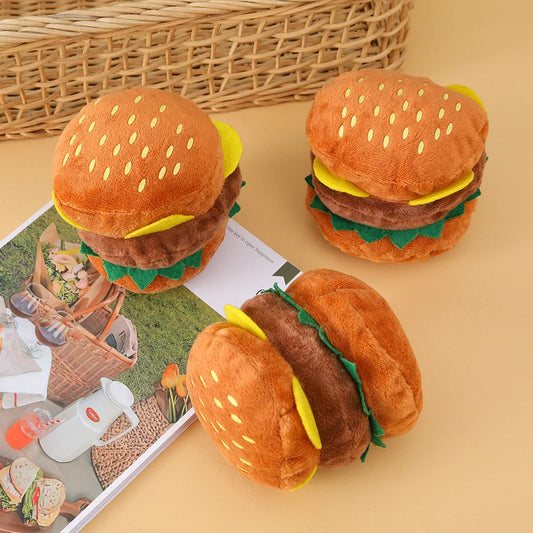 Hamburger Dog Chew Toy - Squeaky Plush Toy for Teeth Cleaning, Durable Bite-Resistant Pet Toy for Training,