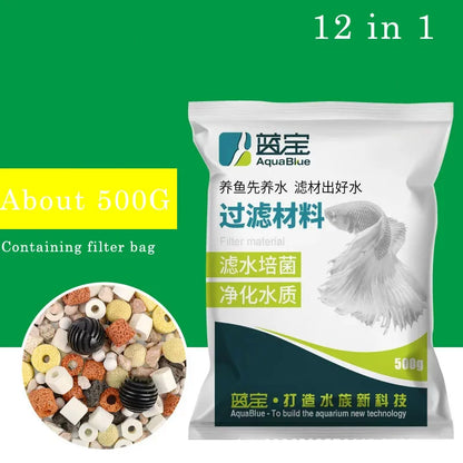 Aquarium Fish Tank Filter Media, Ceramic Rings, Activated Carbon Bio Balls, Clear Water with Free Filter Net Bag, 12 in 1