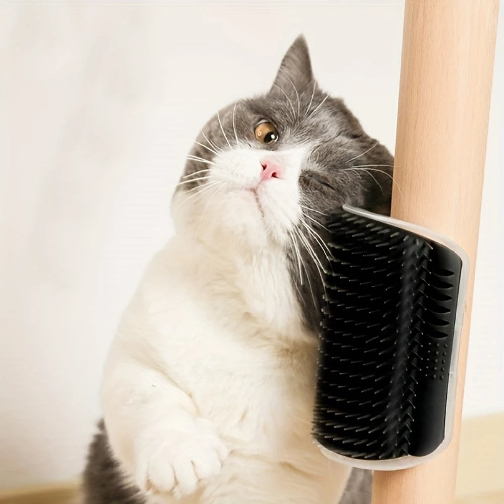 Cat Self Groomer – Corner Wall-Mounted Cat Scratcher & Massager with Rubber Bristles, Screws/Adhesive Included, Indoor Hair Care