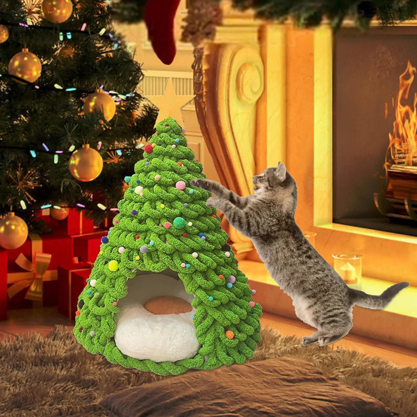 Christmas Tree Cat House Fun Craft House Kitten Beds Furniture Material Set Cat Christmas Tree Bed for Universal Pet Suppplies