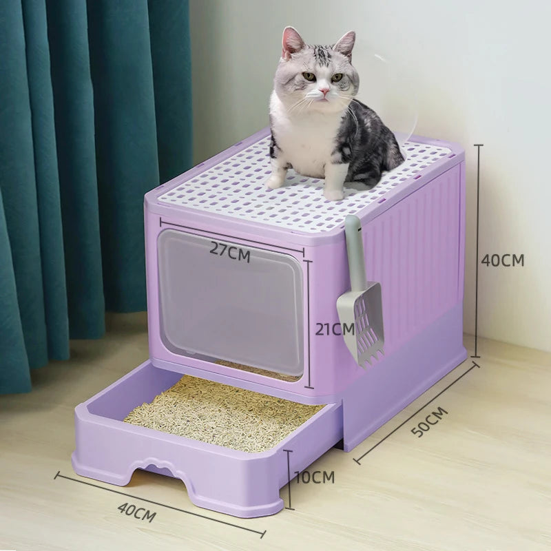 Cat Litter - Box With Scoop, Large Foldable Litter Box With Lid, Front Entry Top Exit Kitty Box, Odor Control