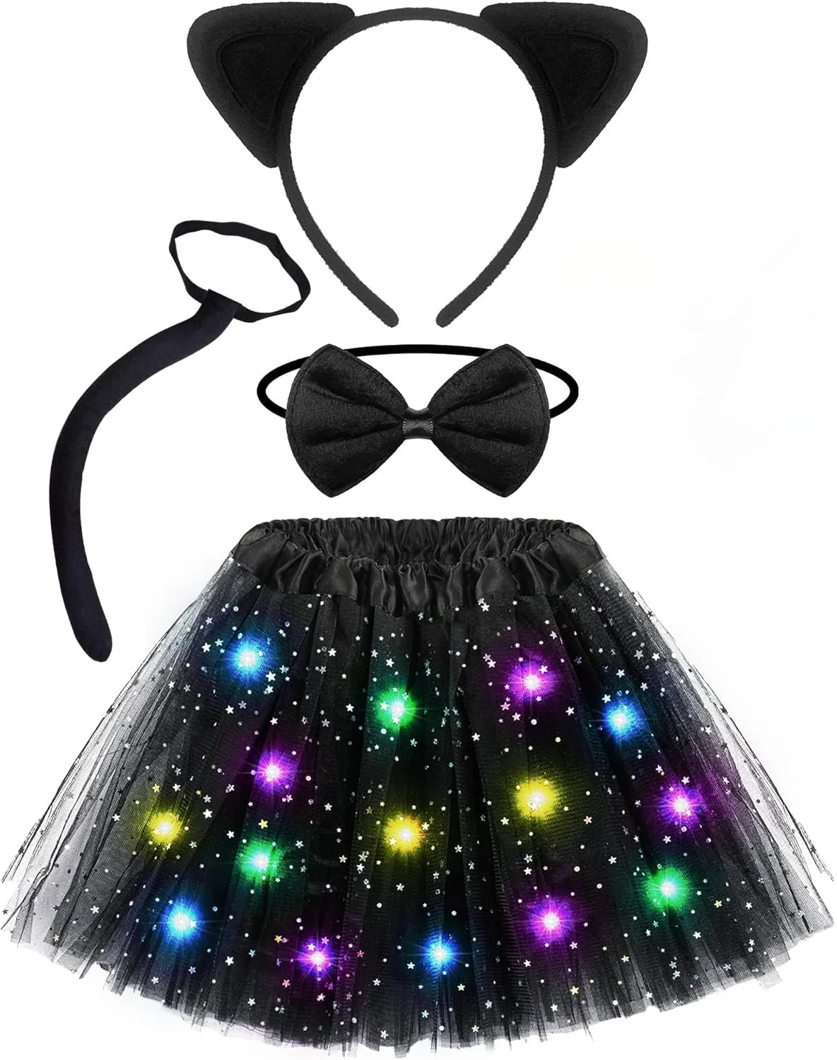 Black Cat Costume for Girls Women Led Tutu Skirt Animal Ears and Tail Halloween Cosplay Party Fancy Dressed