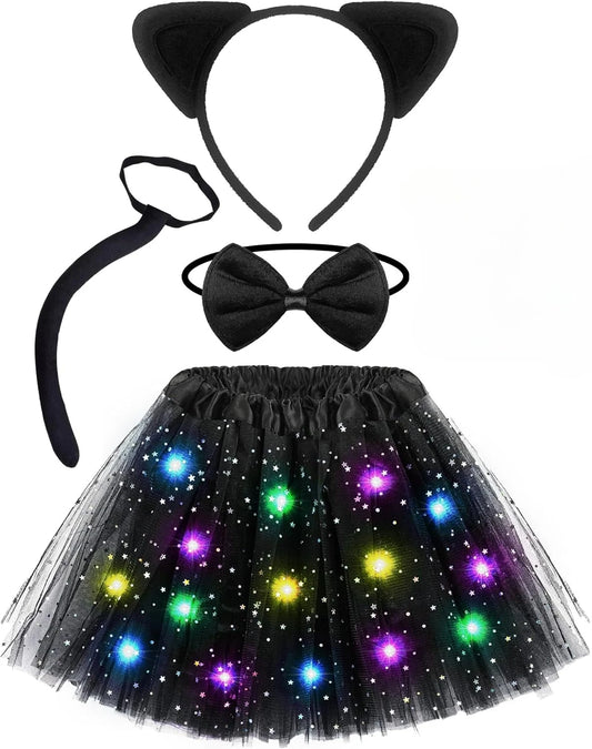 Black Cat Costume for Girls Women Led Tutu Skirt Animal Ears and Tail Halloween Cosplay Party Fancy Dressed