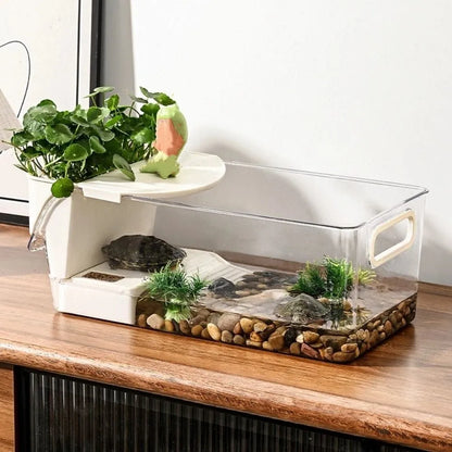 Transparent Turtle Tank Dry Wet Separation Plastic Crab Tank with Climbing Spot Basking Area Turtle Breeding Box Feeding Habitat