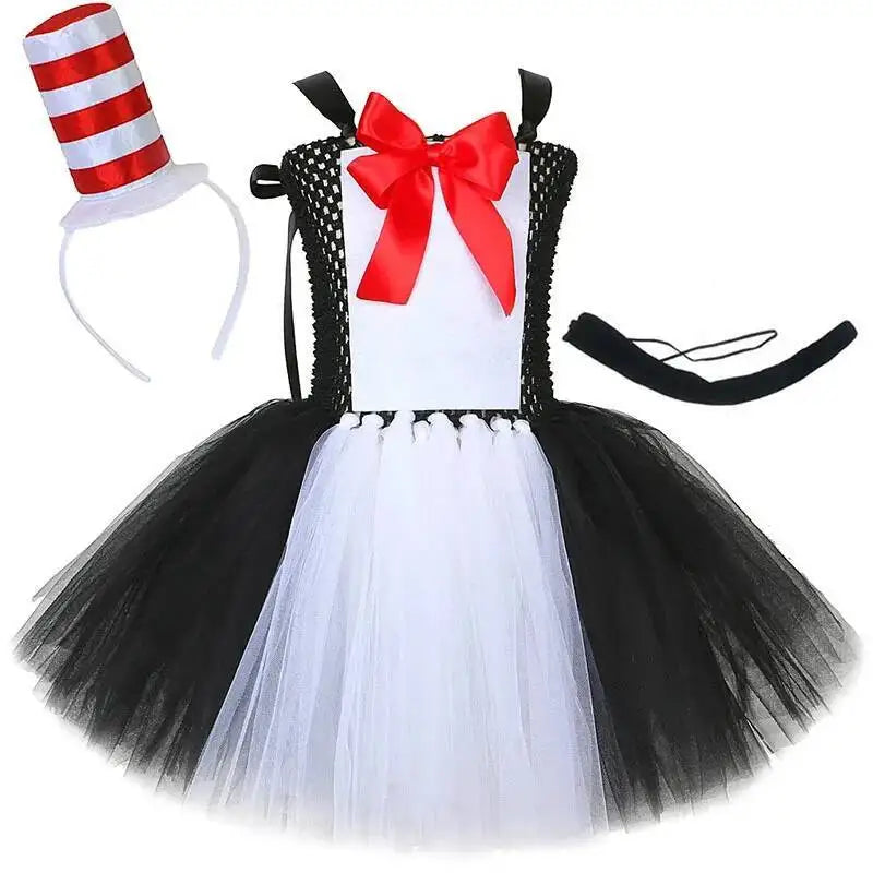 Cat in Hat Halloween Costumes for Girls Funny White Black Magic Cat Tutu Dresses for Kids Animal Fancy Outfits Birthday Clothes