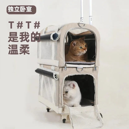 Portable Double-decker Pet Trolley Carrier for Cats & Dogs Ventilated Large Space Outdoor Foldable Breathable Pet Cart