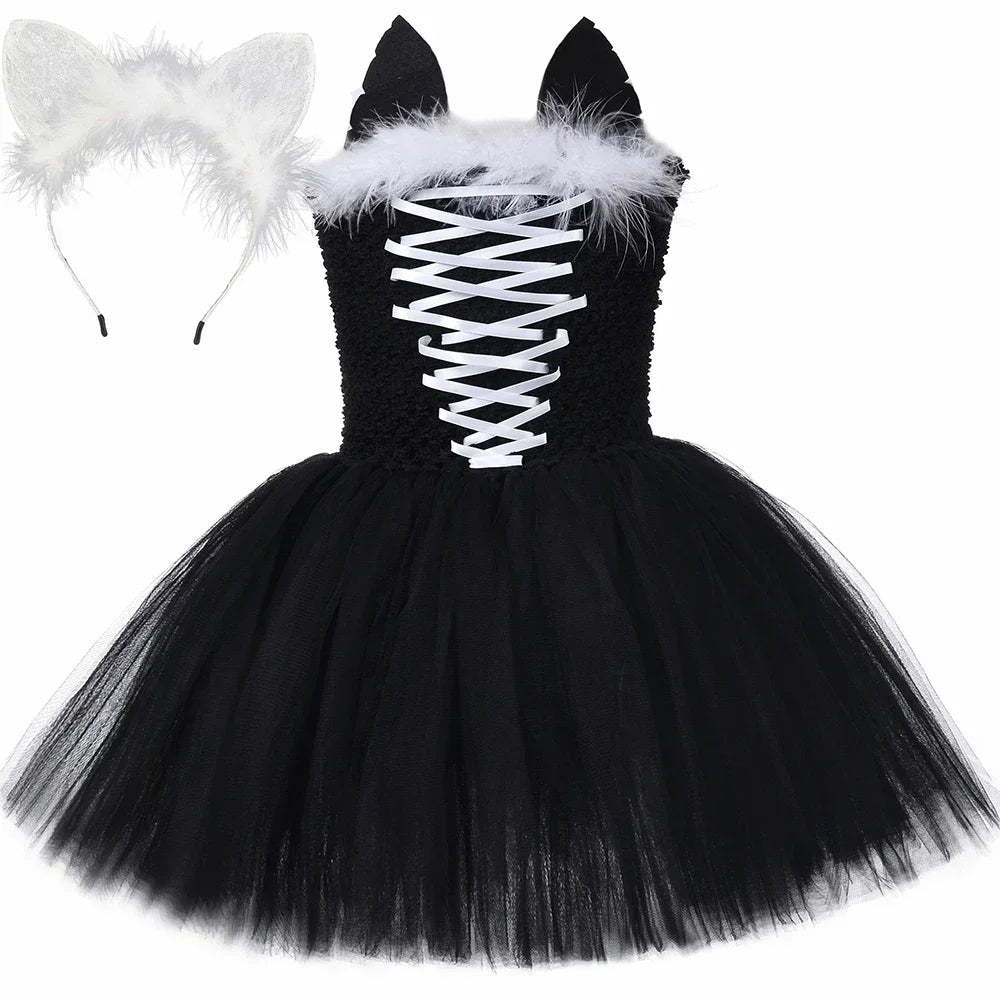 Black Cat Costume for Girls Halloween Carnival Party Tutu Dress Up Animal Kitten Costumes for Kids Toddler Fancy Tulle Dresses