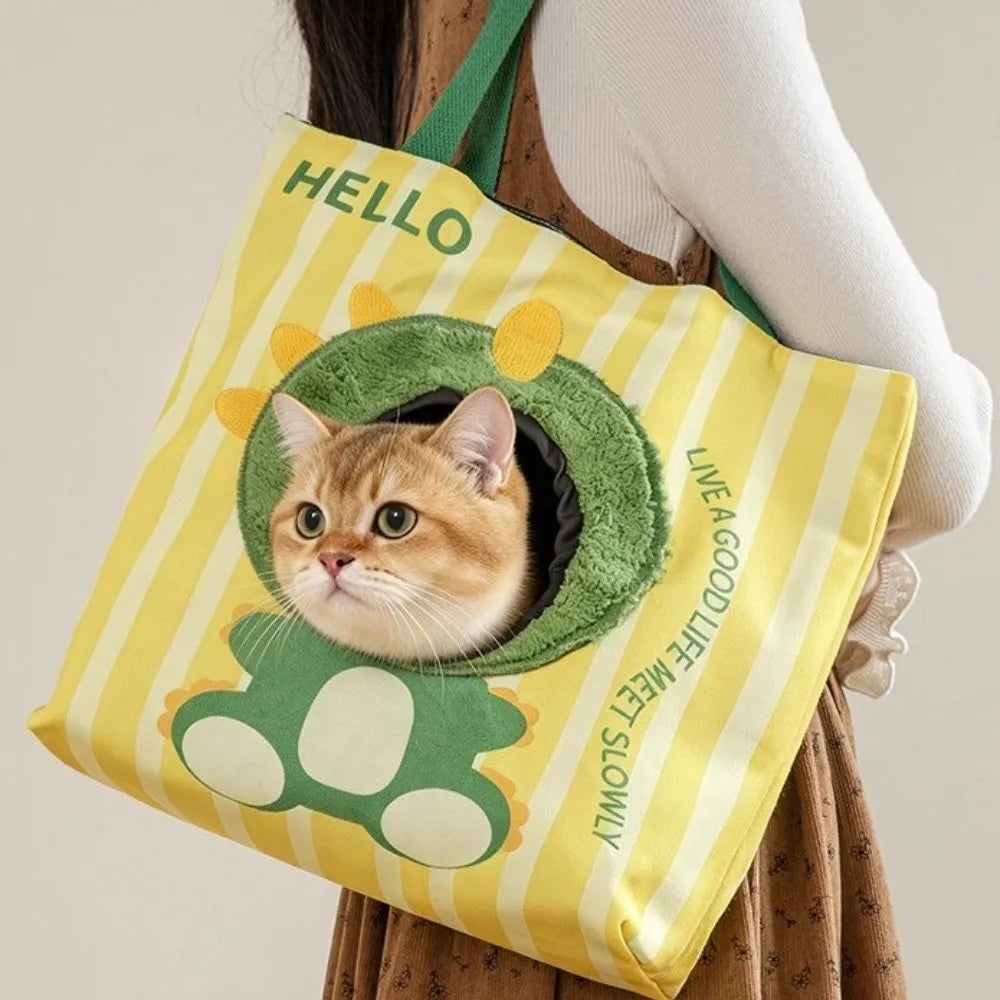 Lightweight Breathable Cat Carrier Bag Cartoon Portable Cat Shoulder Bag Canvas with Hole Pet Sling Bag Daily Use