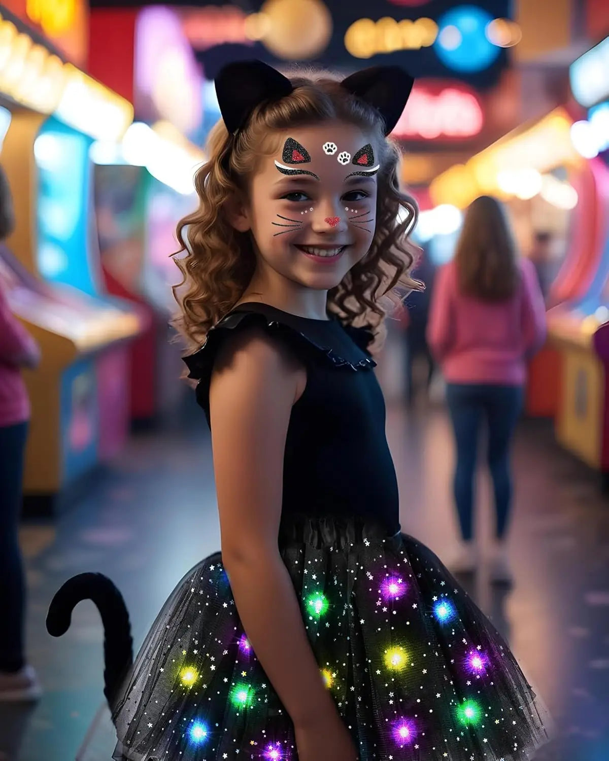 Black Cat Costume for Girls Women Led Tutu Skirt Animal Ears and Tail Halloween Cosplay Party Fancy Dressed