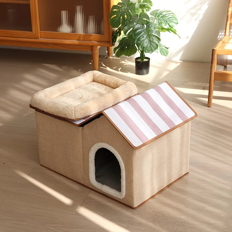 2-in-1 Cat House with Removable Bed - Large All-Season Warm Pet Villa for Indoor & Outdoor Use, Cozy Durable Cat Furniture
