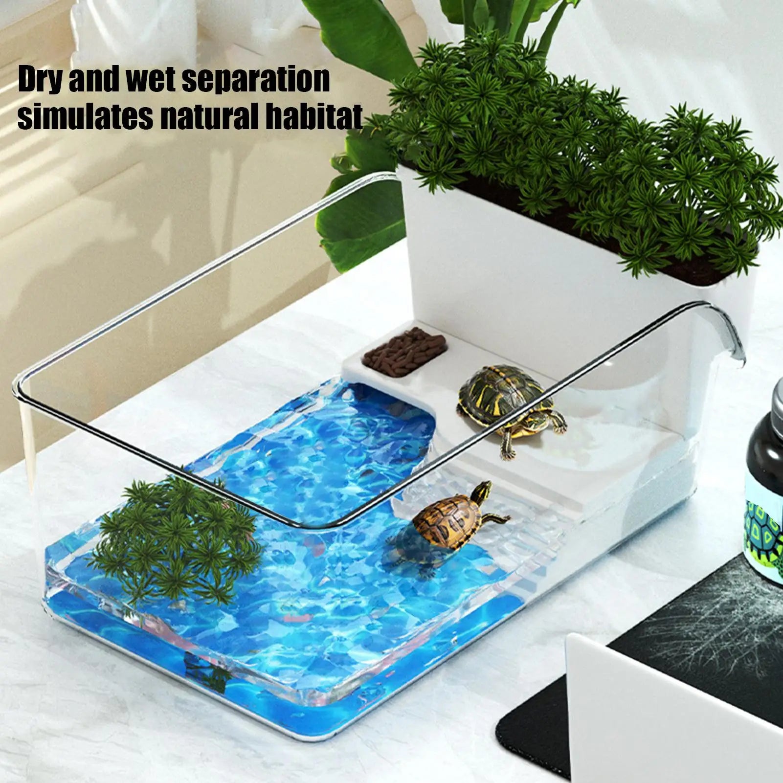 Turtle Tank with Basking Area, Transparent Reptile Terrarium Habitat for Pet Turtles, Hermit Crabs, Tortoise Adoption