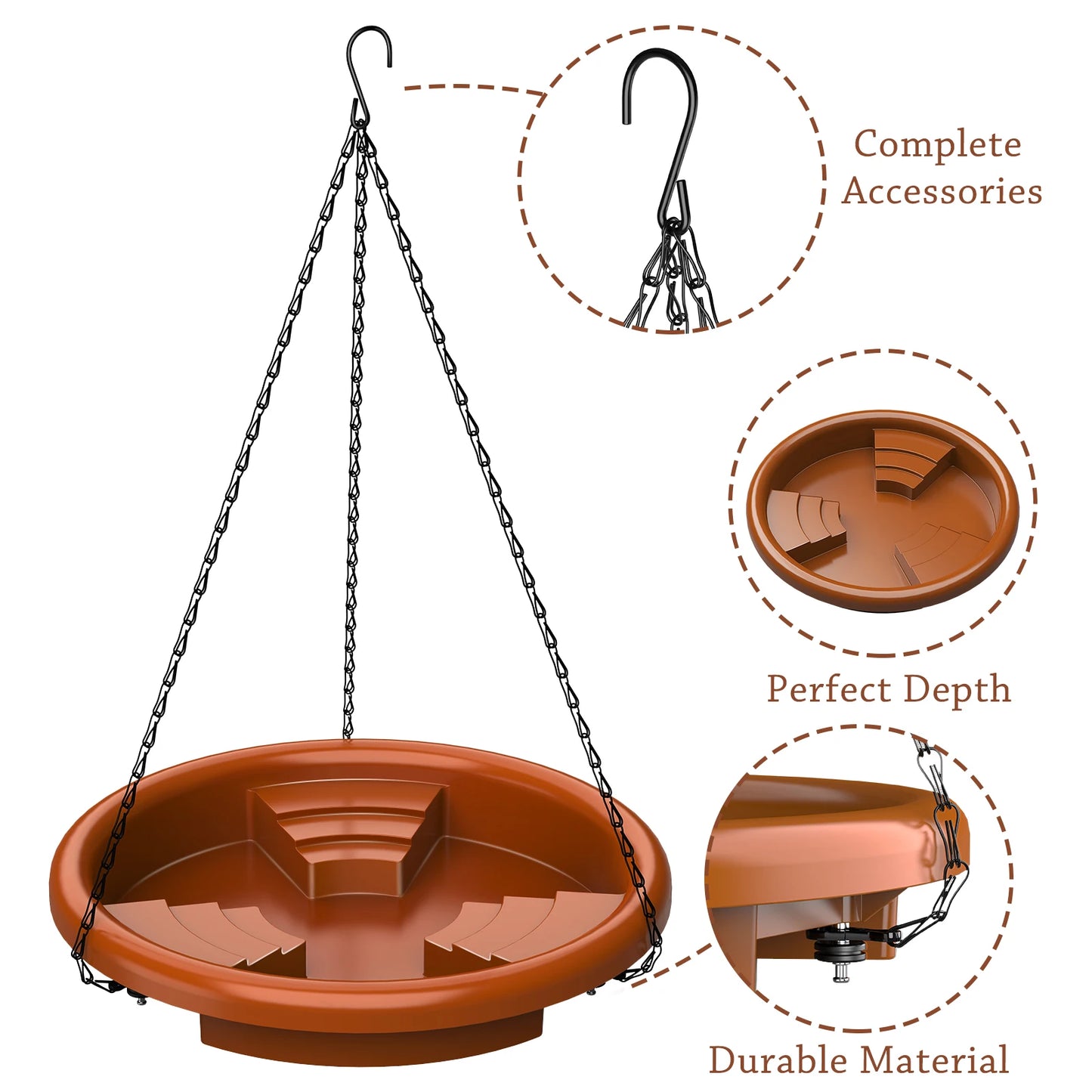 12 Inch Bird feeder Hanging Bird Bath with fountain Outdoor Bird Drinking Bird Tray with Hook and Chain for Garden Yard Patio