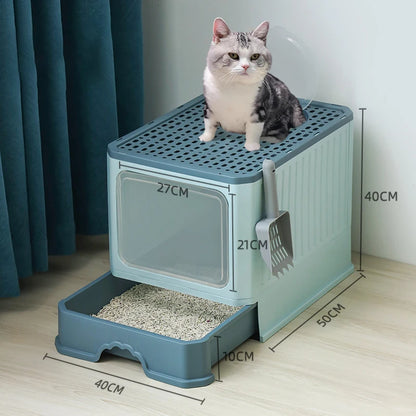Cat Litter - Box With Scoop, Large Foldable Litter Box With Lid, Front Entry Top Exit Kitty Box, Odor Control