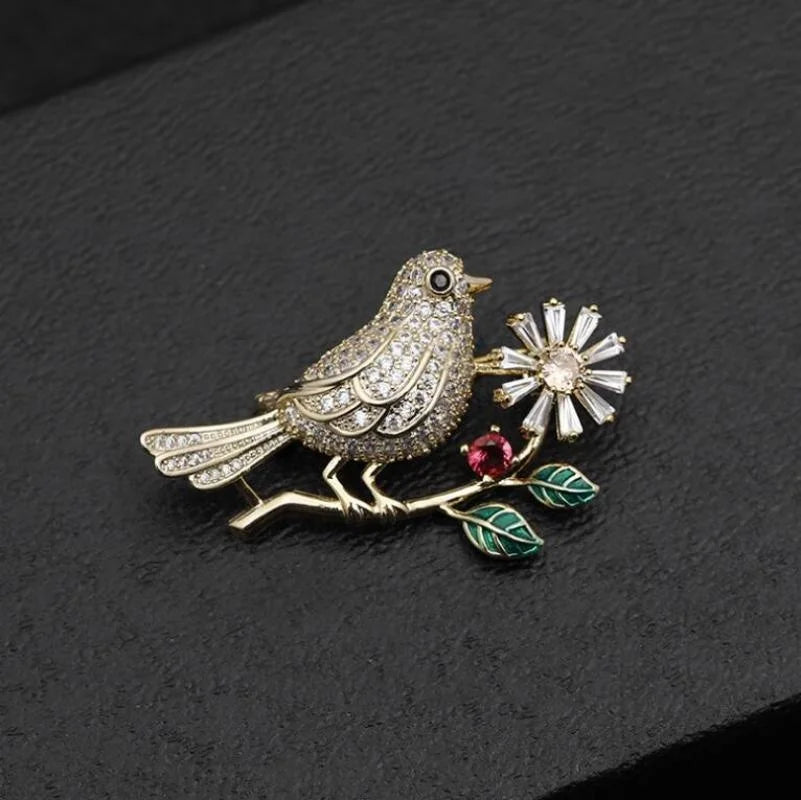 Cute Bird Elegant Standing Branch Flower Brooch Creative Versatile Love Bird Evening Dress Corsage Brooch Accessories Gift